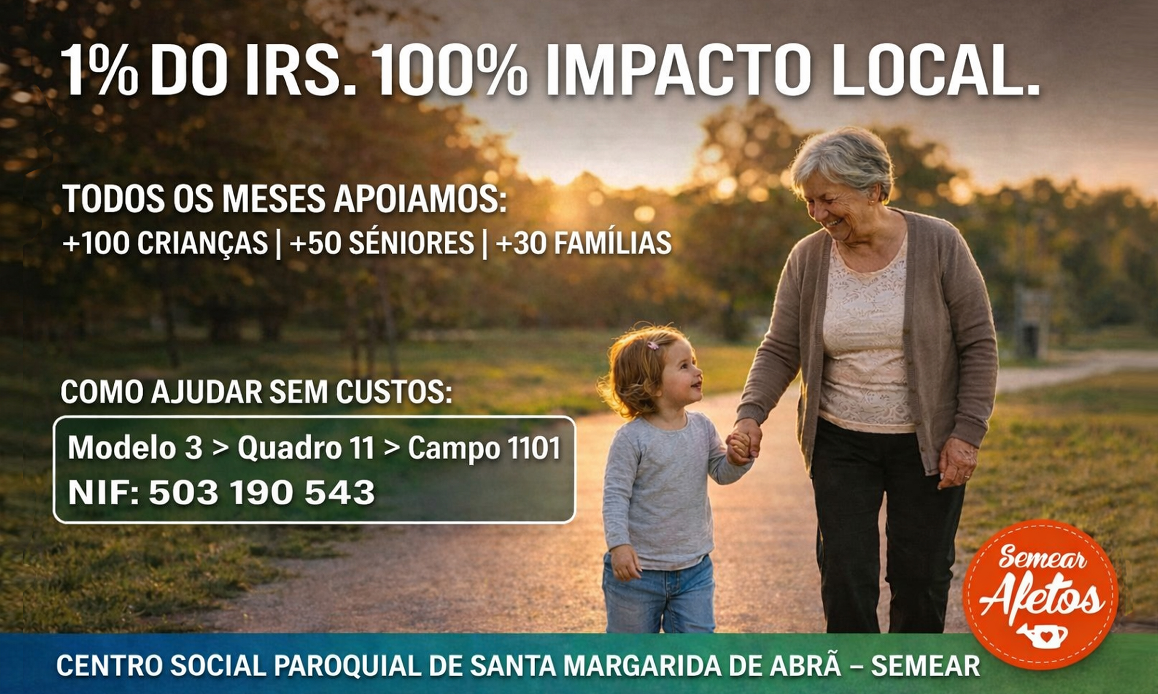 Doe 1% do seu IRS ao Semear Afetos e ajude quem mais precisa